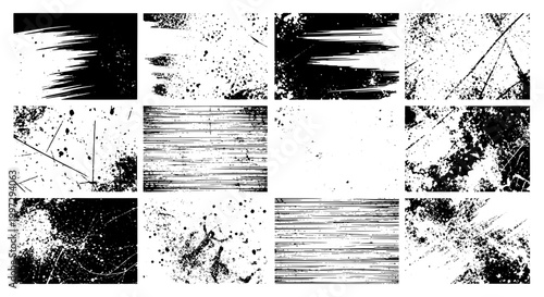Textures grunge set with black and white brush strokes, splatters, scratches featuring brushstrokes, splatter, scratch with distressed and worn