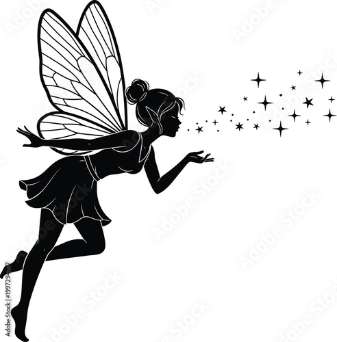 Elegant magical fairy silhouette blowing sparkling pixie dust and stars with ornate butterfly wings for mystical fantasy design and decoration