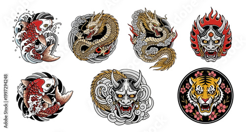 Asian inspired illustrations dragons koi fish demon tiger designs