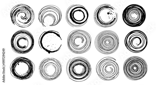 Circles hand drawn set with black swirling lines and grunge textures, artistic brush stroke designs.