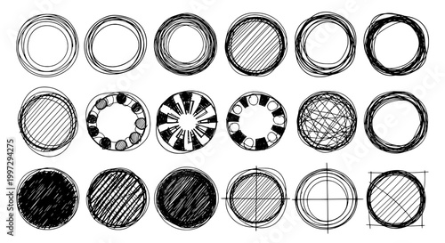 Circles hand drawn set with black and white designs and various patterns and textures featuring shapes, graphic resources, illustrations with vector