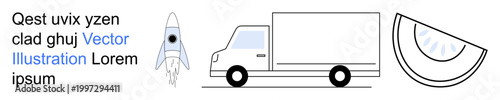 Space exploration, delivery services, logistics, food icons, transportation, minimalistic design. Features a rocket, delivery truck and watermelon slice. Space exploration and delivery services