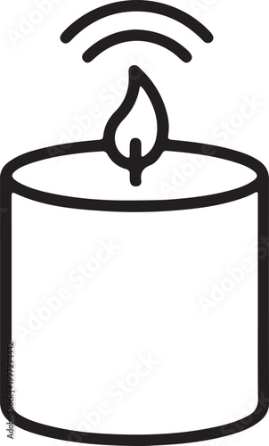 Minimalist smart candle vector icon representing io t technology and connected home devices with flaming wick and wireless connectivity signal waves shown in simple black line art