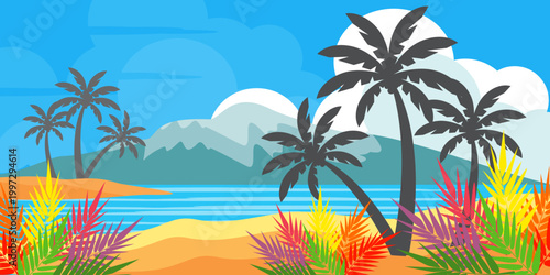 silhouette of coconut tree in flat style. illustration of palm tree in flat style. summer background. summer theme scenery	