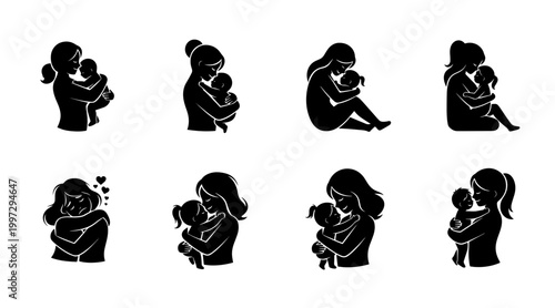 Silhouette collection of mothers embracing and holding their babies with love and tenderness