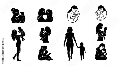 Motherhood Silhouettes: Diverse Moments of Maternal Love and Bonding with Babies and Toddlers