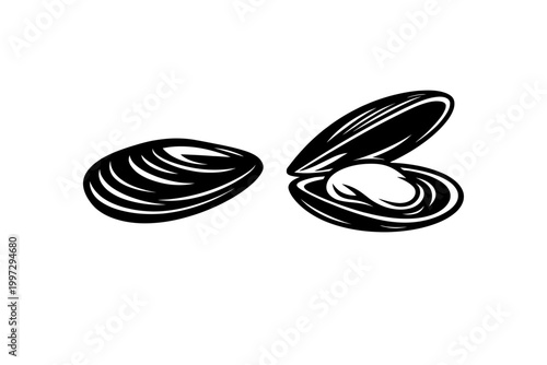 Black and white illustration of two mussels one open and one closed shell seafood icon