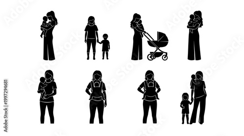 Motherhood Silhouettes: Diverse Poses with Baby and Toddler, Stroller and Baby Carrier