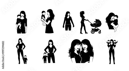 Motherhood Silhouette Collection: Various Poses of Mothers with Babies and Stroller