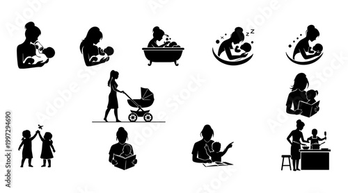 Motherhood Silhouette Icons: Feeding, Bathing, Carrying Baby, and Family Moments Collection