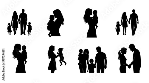 Family Silhouette Set: Parents holding children, walking together, diverse poses of love and togetherness