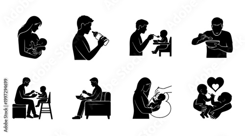 Mother and father feeding baby diverse methods: breastfeeding, bottle, and solid food, silhouette icons.