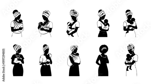 Silhouettes of African mothers in traditional attire carrying babies in slings and arms, diverse poses