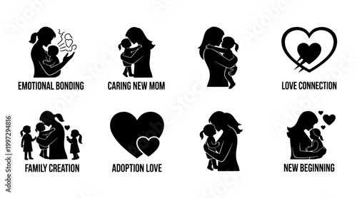 Mother Embracing Child Silhouette Icons: Love, Family, Adoption, New Beginnings