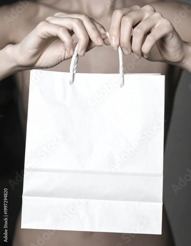 Woman hands holding blank white paper shopping bag for branding presentation, retail commerce marketing, consumerism lifestyle, template for sales promotion