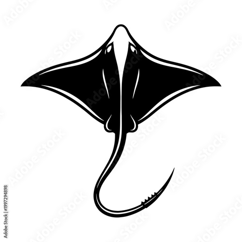Black silhouette of a stingray swimming in the ocean with its fins spread wide and tail curved downward