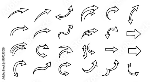 Arrows hand drawn set with black curved lines and various directions featuring direction, icons, vector with graphic and design elements for