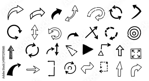 Arrows hand drawn set with black curved lines and directional symbols featuring icons, signs, pointers with indicators and navigation elements for