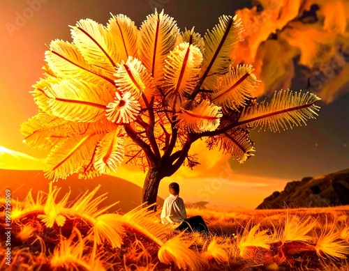 Person sits under a large tree with bright leaves during sunset on a calm evening in a colorful landscape