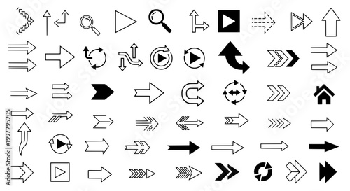 Arrows hand drawn set with black curved lines and various directions featuring direction, up, down with left and right elements for diagonal, icons