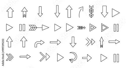 Arrows line icon set with various directions and styles for navigation and design featuring arrow, direction, movement with pointers and indicators