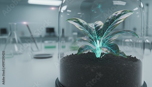 Future Biotech: Bioluminescent Engineered Plant Purifying Soil in High-Tech Laboratory Environment