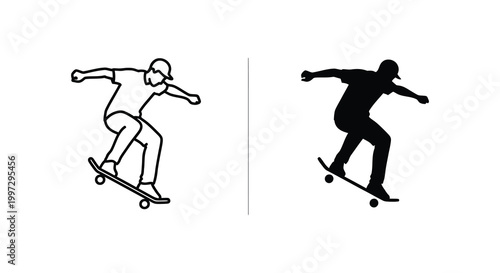 A skater performing a trick on a skateboard shown in both line art and silhouette