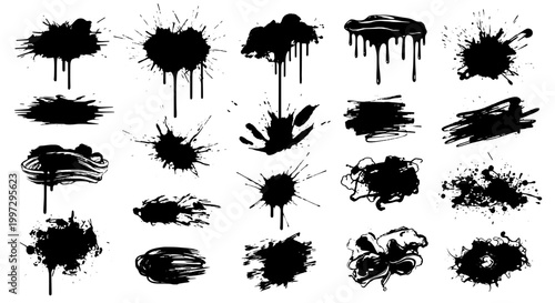 Inkblots hand drawn set with black ink splatters and grunge textures, abstract artistic elements featuring stains, drips, graphic resources with