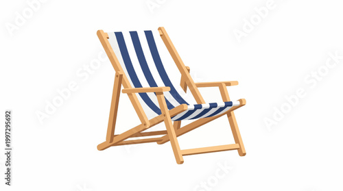 Wooden beach deck chair with blue and white stripes vector illustration isolated on white background