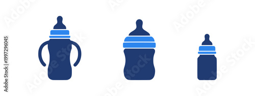 Baby milk bottle icon set. Infant feeding, childcare, parenting, nutrition symbols including classic, handled - stock vector