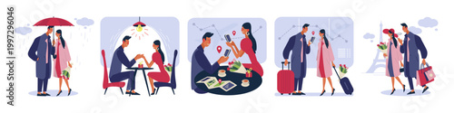 Set of romantic flat vector illustrations showing a couple in different dating situations: walking under umbrella, having dinner, planning a trip, using smartphones, traveling in Paris.