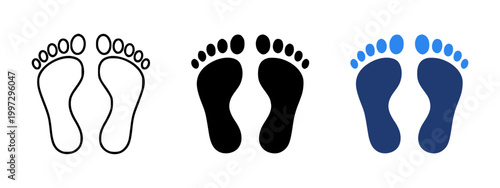 Human footprints icon set. Walking, tracking, fitness, movement symbols with solid, outline, rounded and geometric styles for health apps, navigation, activity tracking and sports use - stock vector