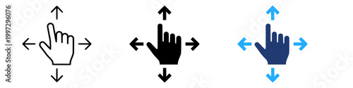 Drag gesture icon set. Hand move, pan, reposition and navigation symbols with outline and solid styles for UI design, touch controls, mobile apps, interfaces and interactive systems - stock vector