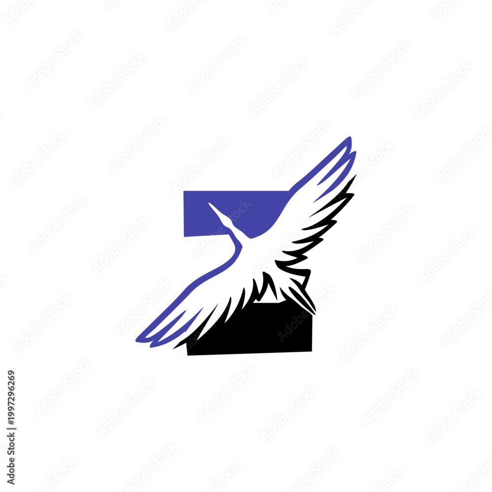 Fototapeta premium Elegant flying crane forming an alphabet letter Z. Minimalist bird logo for travel, logistics, or premium corporate branding identity.