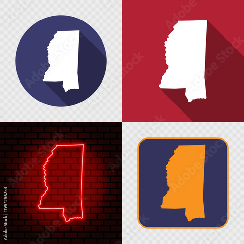 Mississippi State Map Icons Set, USA Silhouette Collection in Flat, Minimal and Neon Styles.