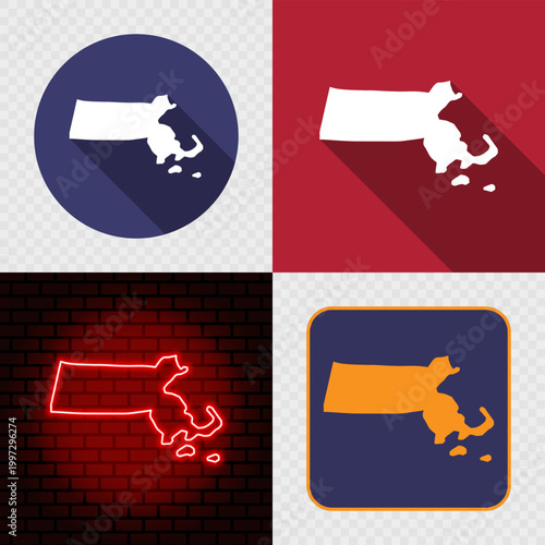Massachusetts State Map Icons Set, USA Silhouette Collection in Flat, Minimal and Neon Styles.