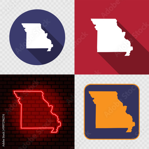 Missouri State Map Icons Set, USA Silhouette Collection in Flat, Minimal and Neon Styles.