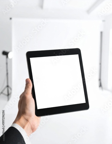 Hand holding digital tablet with blank screen, professional mockup for app interface presentation, business technology, software demonstration