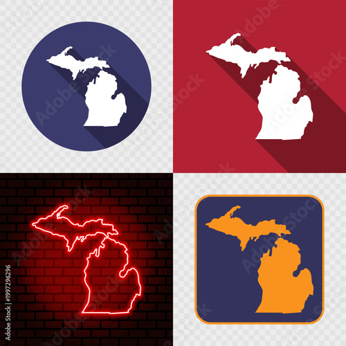 Michigan State Map Icons Set, USA Silhouette Collection in Flat, Minimal and Neon Styles.