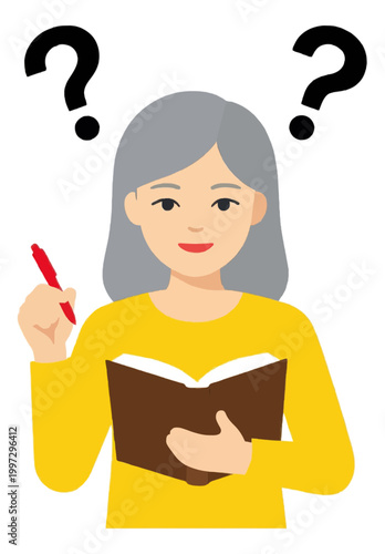 Woman Reading Book with Thinking Question Mark Icon