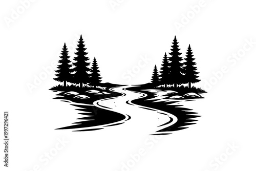 Black and white illustration of a winding road through a forest with pine trees on both sides in a minimalist style