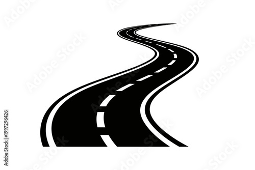 A black and white illustration of a winding road with dashed lines on a plain white background for design and transportation concepts