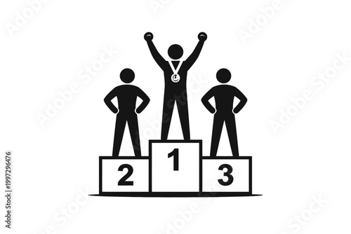 Three people standing on podium with numbers 1, 2, 3, winner with medal and arms raised in victory, success and achievement concept