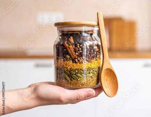 Person holding clear glass jar filled with layered dried spices and wooden spoon, healthy cooking ingredients, gourmet seasoning, culinary herb storage