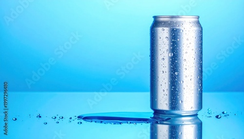 Blank aluminum beverage can with water droplets on a vibrant blue background, refreshing drink packaging mock-up, cool condensation texture, beverage industry