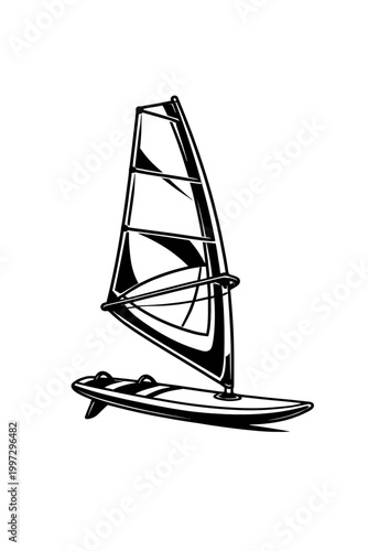 Black and white illustration of a windsurfer in action on the water with a large sail
