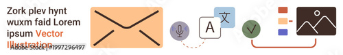 Communication tools, translation services, digital correspondence, information exchange, file organization, online resources. Envelope icon, translation symbols and digital file . Communication