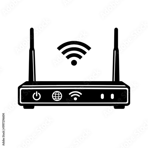 Black and white illustration of a WiFi router with antennas and signal icon