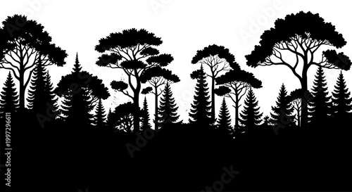 Trees forest silhouette with various black tree shapes and sizes on white background featuring nature, landscape, environment with foliage and plants
