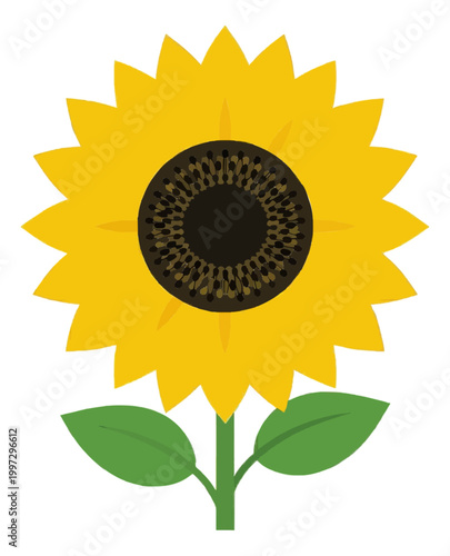Yellow Sun Flower Icon with Green Leaf Vector Graphic
